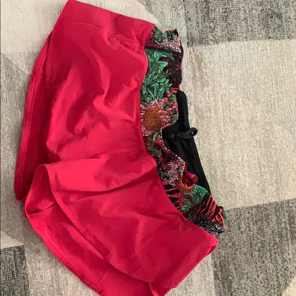 lululemon athletica Red Athletic Shorts with Multicolor Floral Waistband